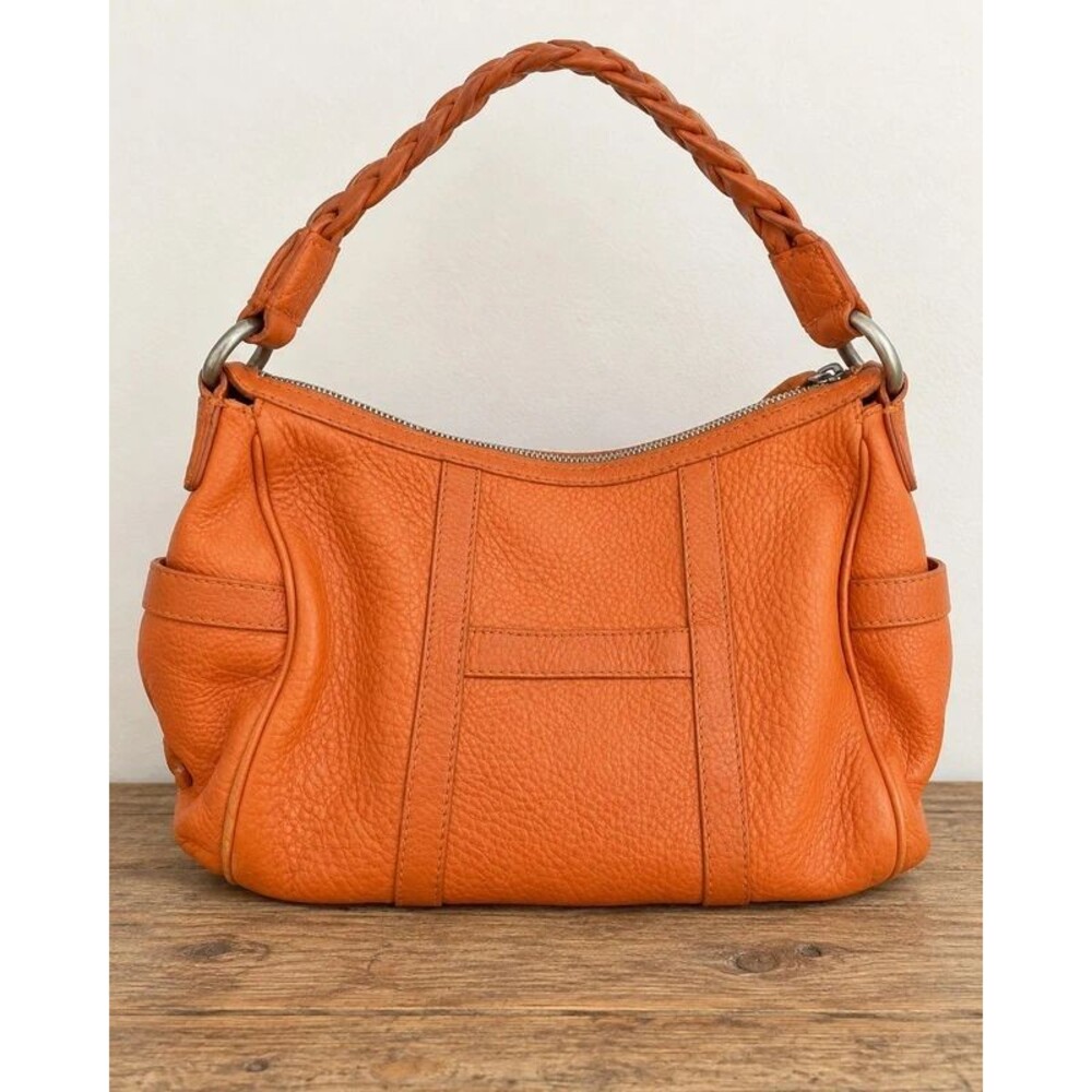 Cole Haan Orange Pebble Leather Braided Handle Hobo Purse Boho Fall Earth Tone